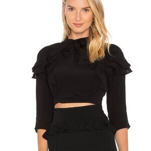 For Love & Lemons Long Sleeve Ruffled Crop Top Black XS